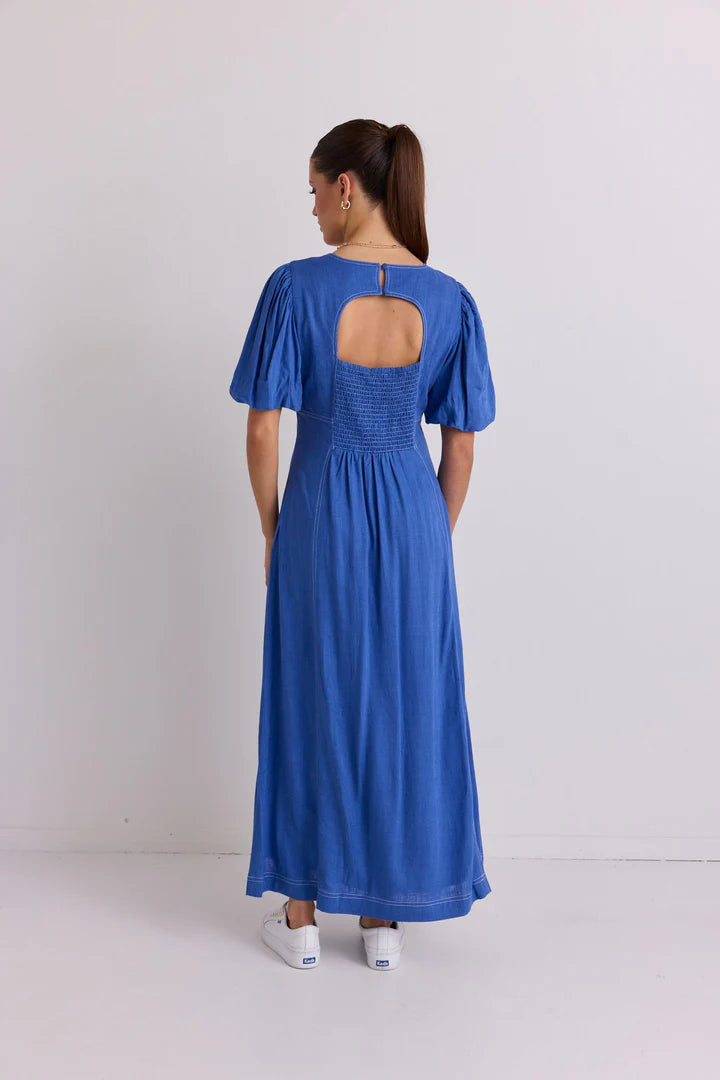 STORIES TO BE TOLD STATE LAKE BLUE LINEN BLEND SS MIDI DRESS - THE VOGUE STORE