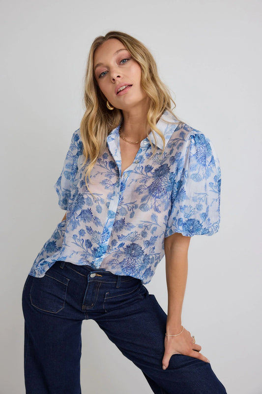 IVY + JACK HARMONY BLUE FLORAL BUBBLE SLEEVE SHIRT - THE VOGUE STORE