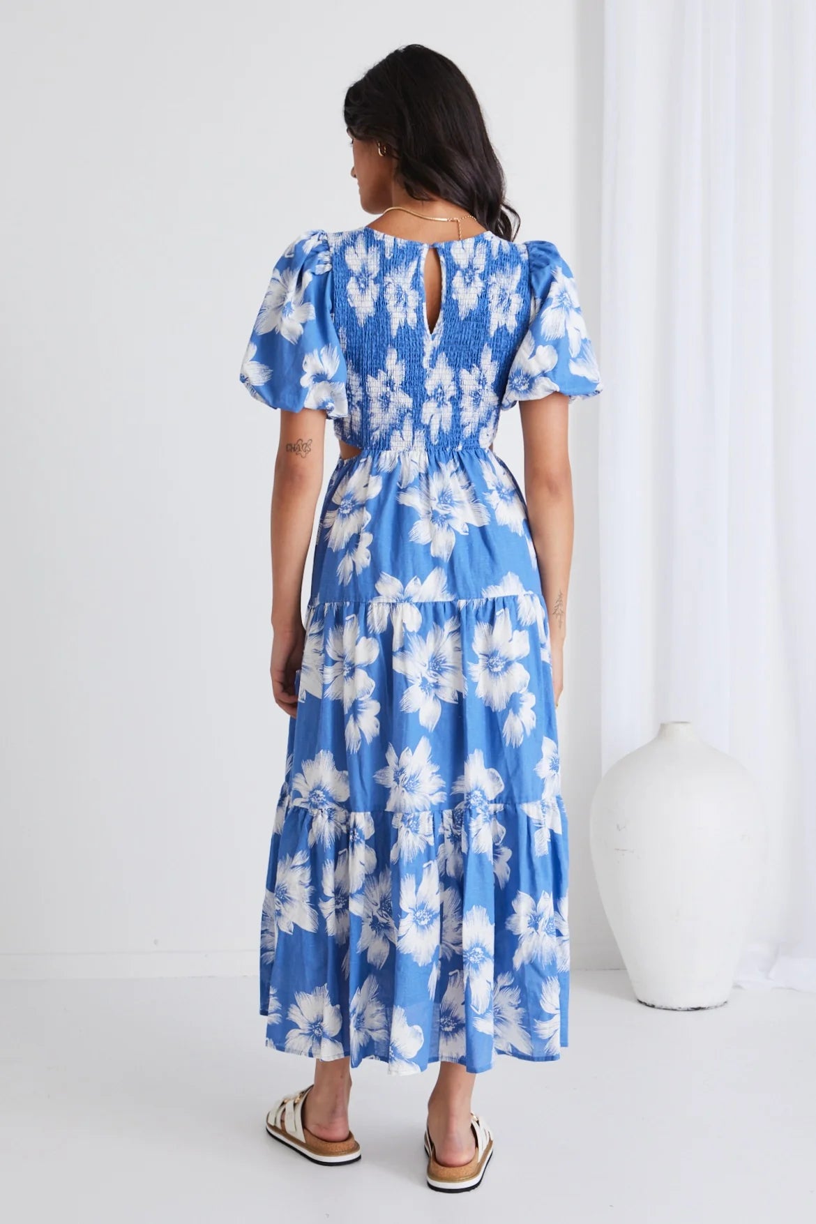 IVY + JACK MILANO BLUE HIBISCUS BUBBLE SLEEVE TIERED MAXI DRESS - THE VOGUE STORE