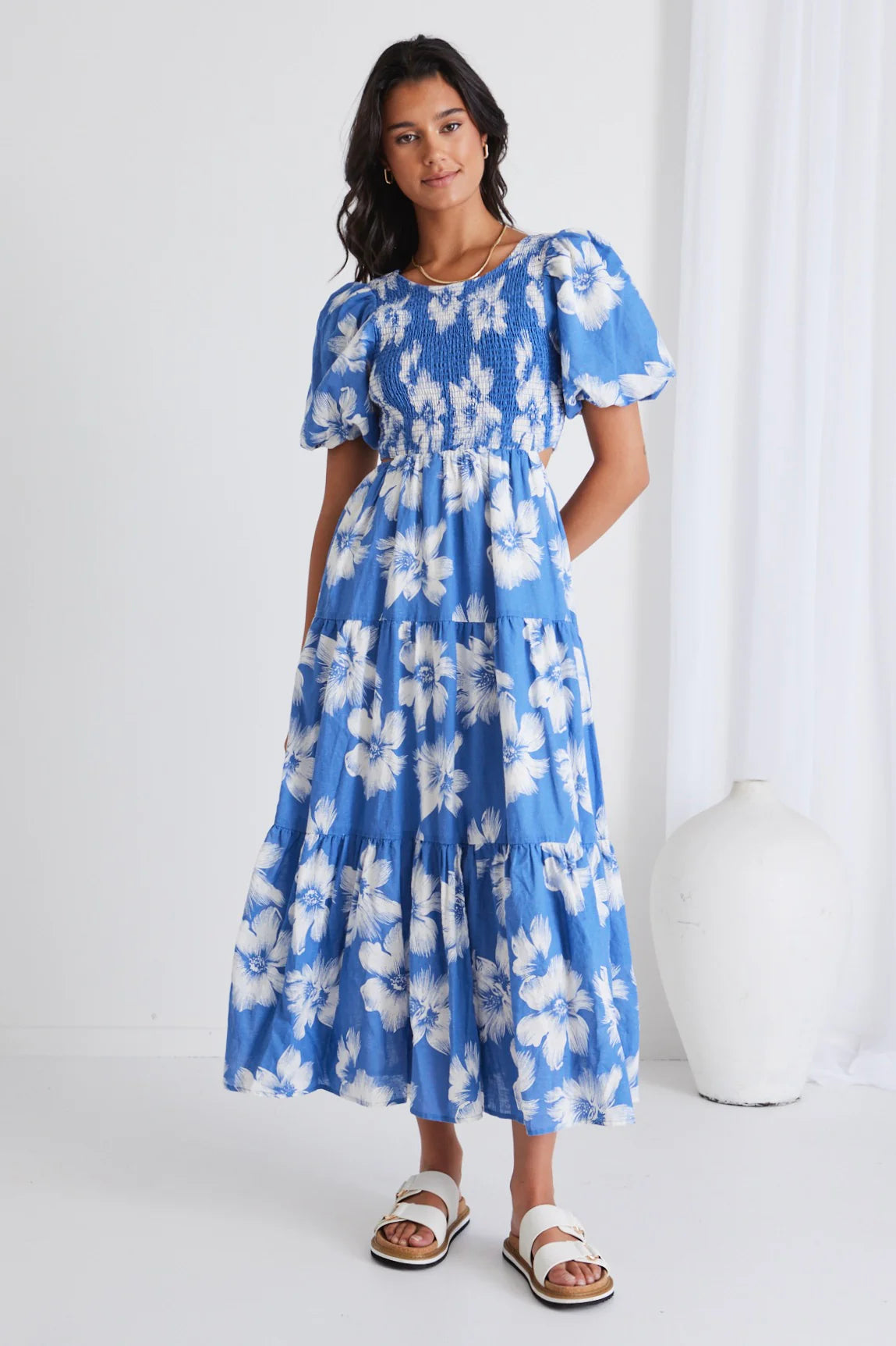 IVY + JACK MILANO BLUE HIBISCUS BUBBLE SLEEVE TIERED MAXI DRESS - THE VOGUE STORE