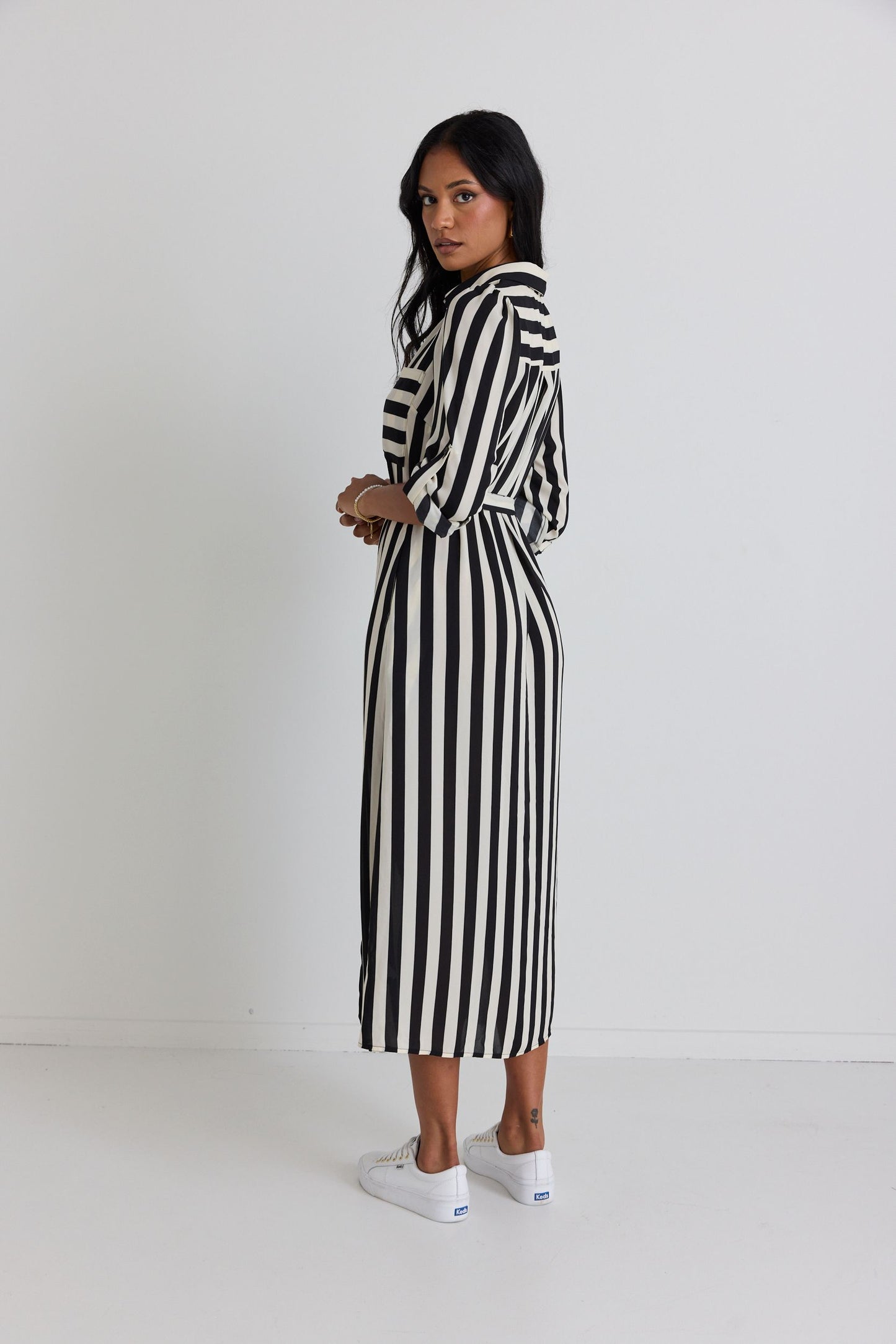 AMONG THE BRAVE CYPRUS BLACK AND WHITE STRIPE LS SHIRT MIDI DRESS - THE VOGUE STORE