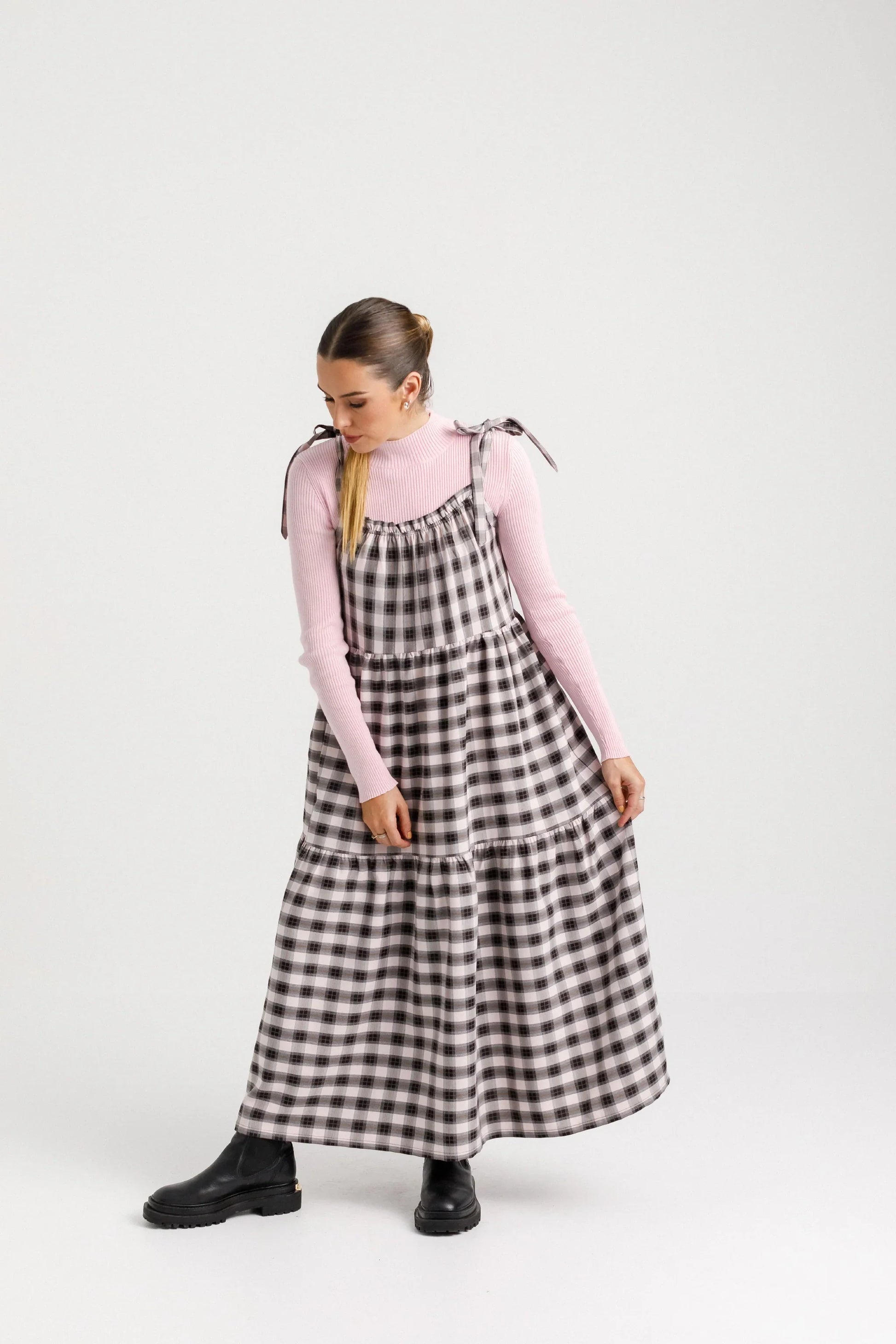 THING THING TIE UP ZIGGY DRESS - SOFT PINK CHECK - THE VOGUE STORE