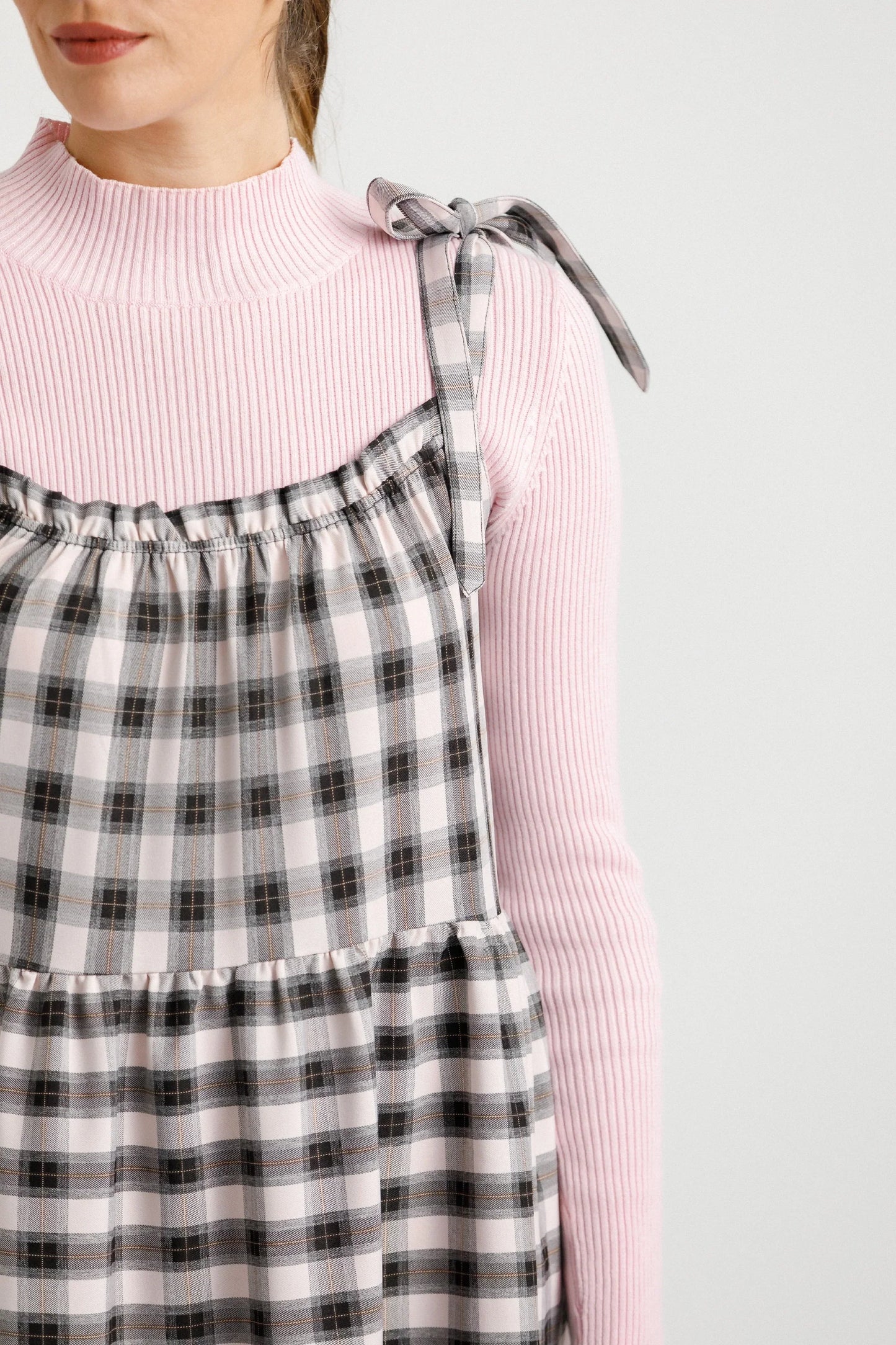 THING THING TIE UP ZIGGY DRESS - SOFT PINK CHECK - THE VOGUE STORE