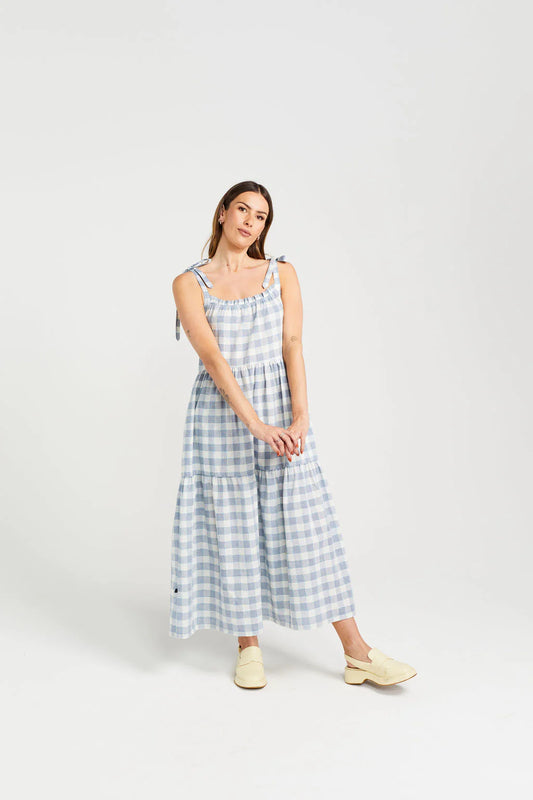 THING THING TIE UP ZIGGY DRESS - MARINE CHECK - THE VOGUE STORE