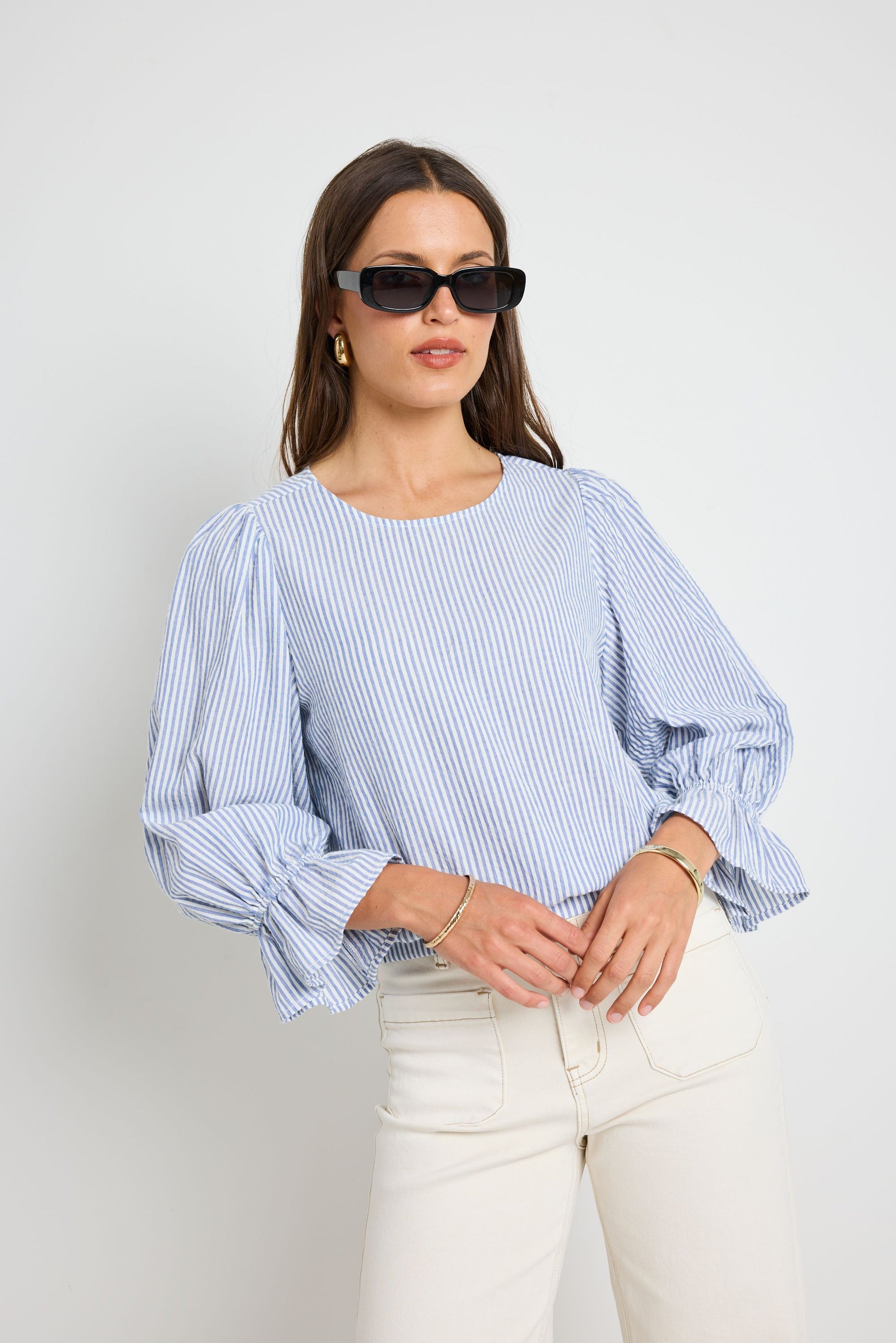 IVY + JACK IMAGINE BLUE STRIPE SHIRRED BACK LS TOP - THE VOGUE STORE